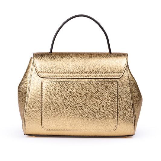Gold leather textured handbag with a decorative AMALTEA clasp/buckle on a white background. - DEI DUCHI (AMALTEA)