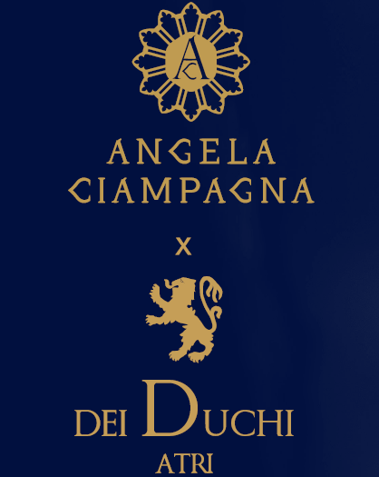 Logo and text of Angela Ciampagna x Dei Duchi Atri on a blue background