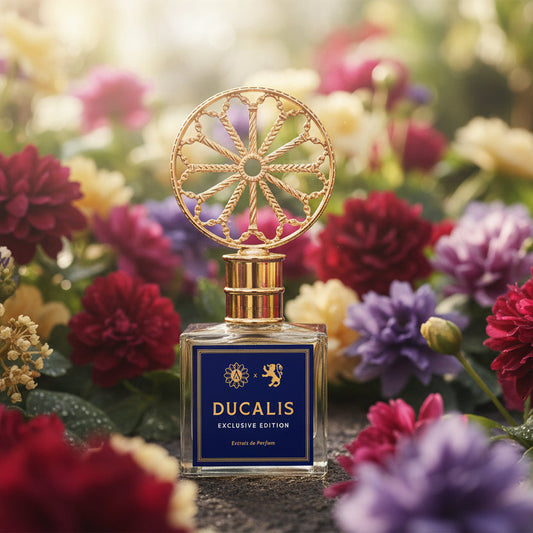 Ducalis exclusive edition perfume bottle with decorative gold cap on a foral garden background. - Dei Duchi - Atri