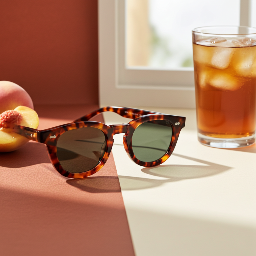 Sunglasses with tortoiseshell frame and green lenses on a white background. - DEI DUCHI