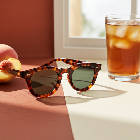 Sunglasses with tortoiseshell frame and green lenses on a white background. - DEI DUCHI