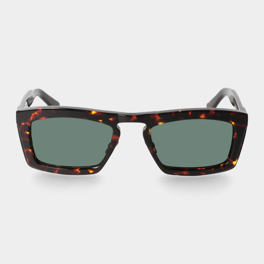 Sunglasses with tortoiseshell frame and green lenses on a light gray background. - De Duchi