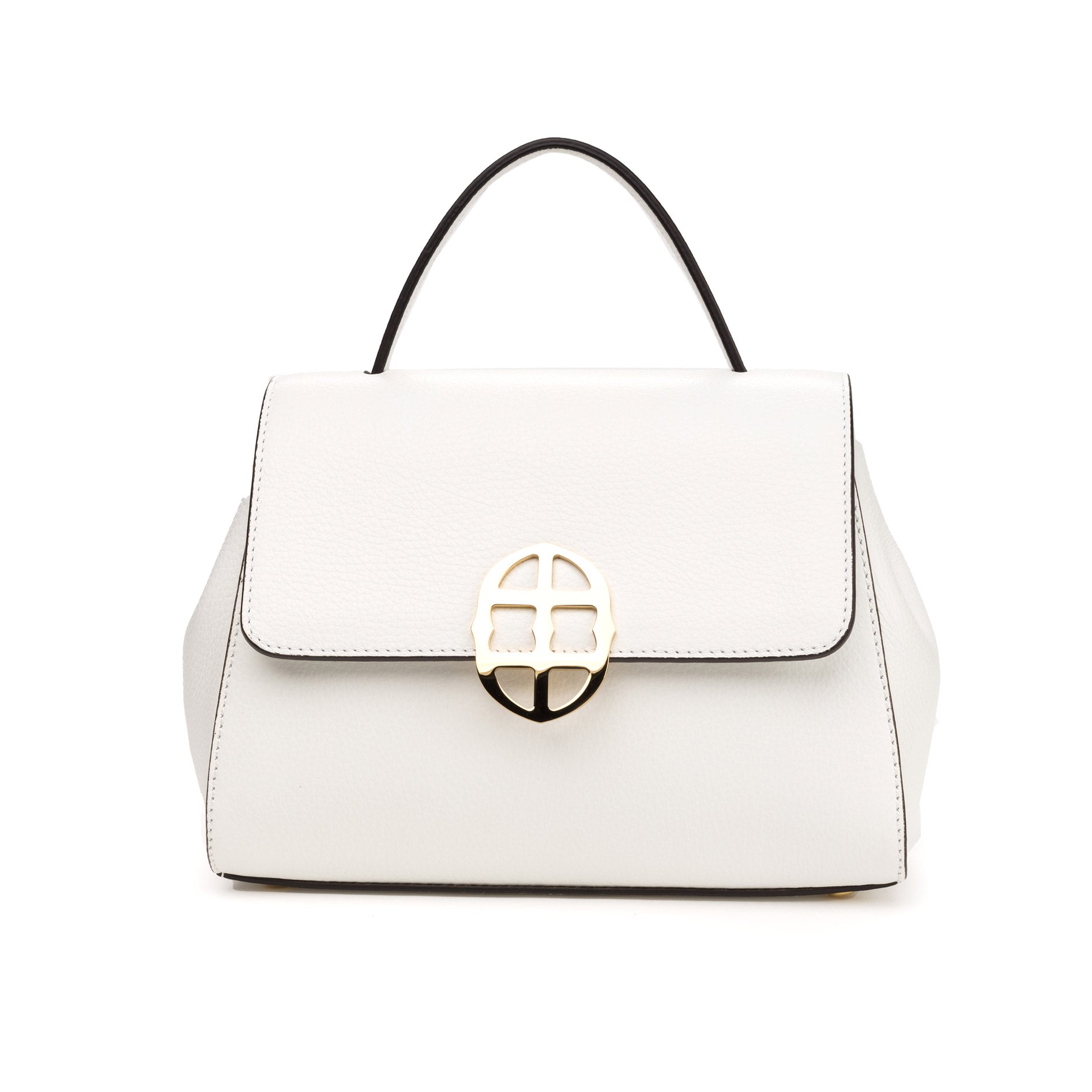 Front view of White leather handbag with a gold clasp/buckle on a white background. - DEI DUCHI (AMALTEA)