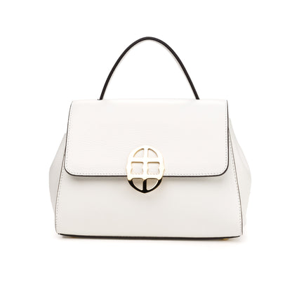 Front view of White leather handbag with a gold clasp/buckle on a white background. - DEI DUCHI (AMALTEA)