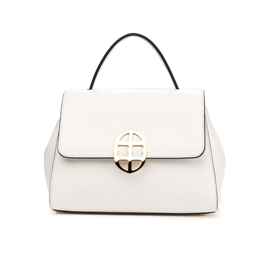 Front view of White leather handbag with a gold clasp/buckle on a white background. - DEI DUCHI (AMALTEA)