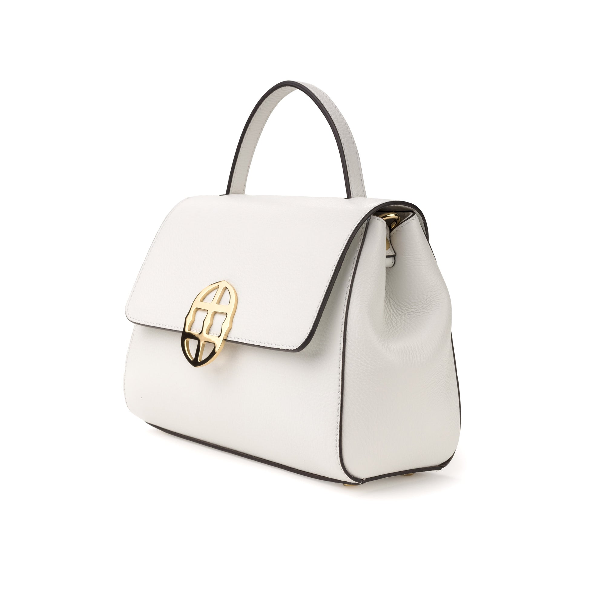 Orthographic view of White leather handbag with a gold clasp/buckle on a white background. - DEI DUCHI (AMALTEA) 
