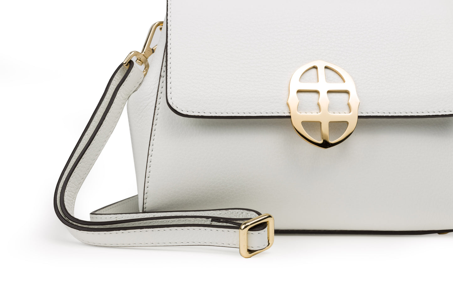 Cut away view of White leather handbag with gold clasp/buckle on a white background.- DEI DUCHI (AMALTEA)
