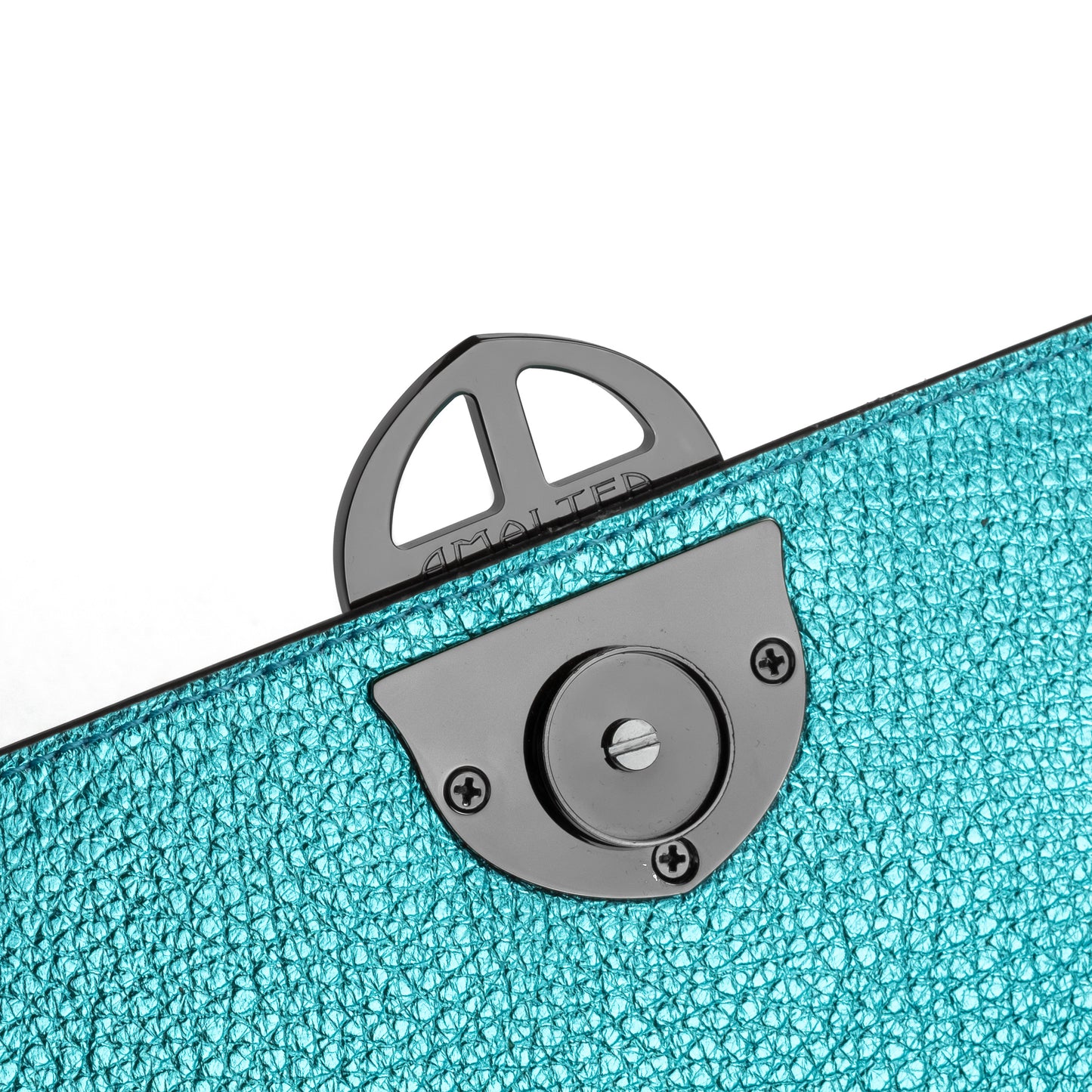 Close-up of a textured Metallic Turquoise Teal leather handbag with a burnished metal clasp buckle on a white background. - DEI DUCHI (AMALTEA)