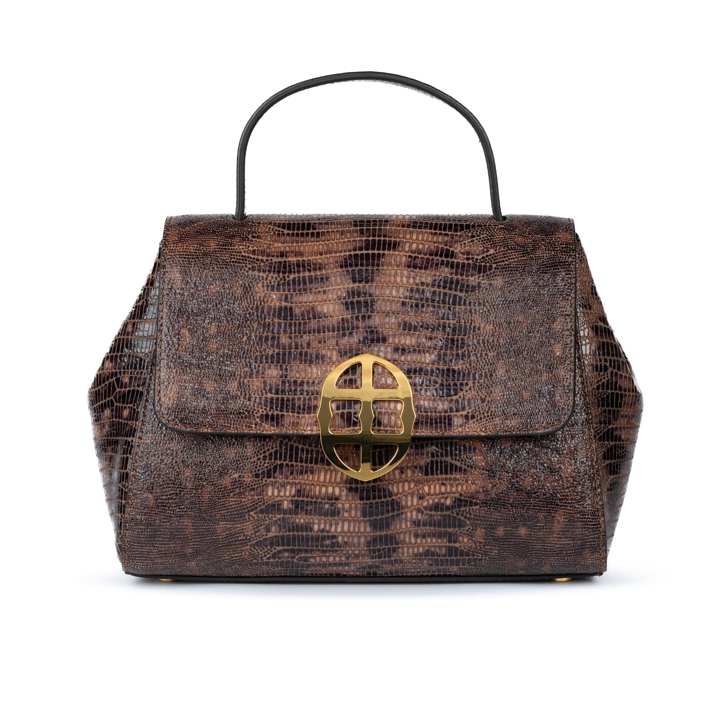 Brown leather textured handbag with a gold clasp on a white background. DEI DUCHI (AMALTEA)
