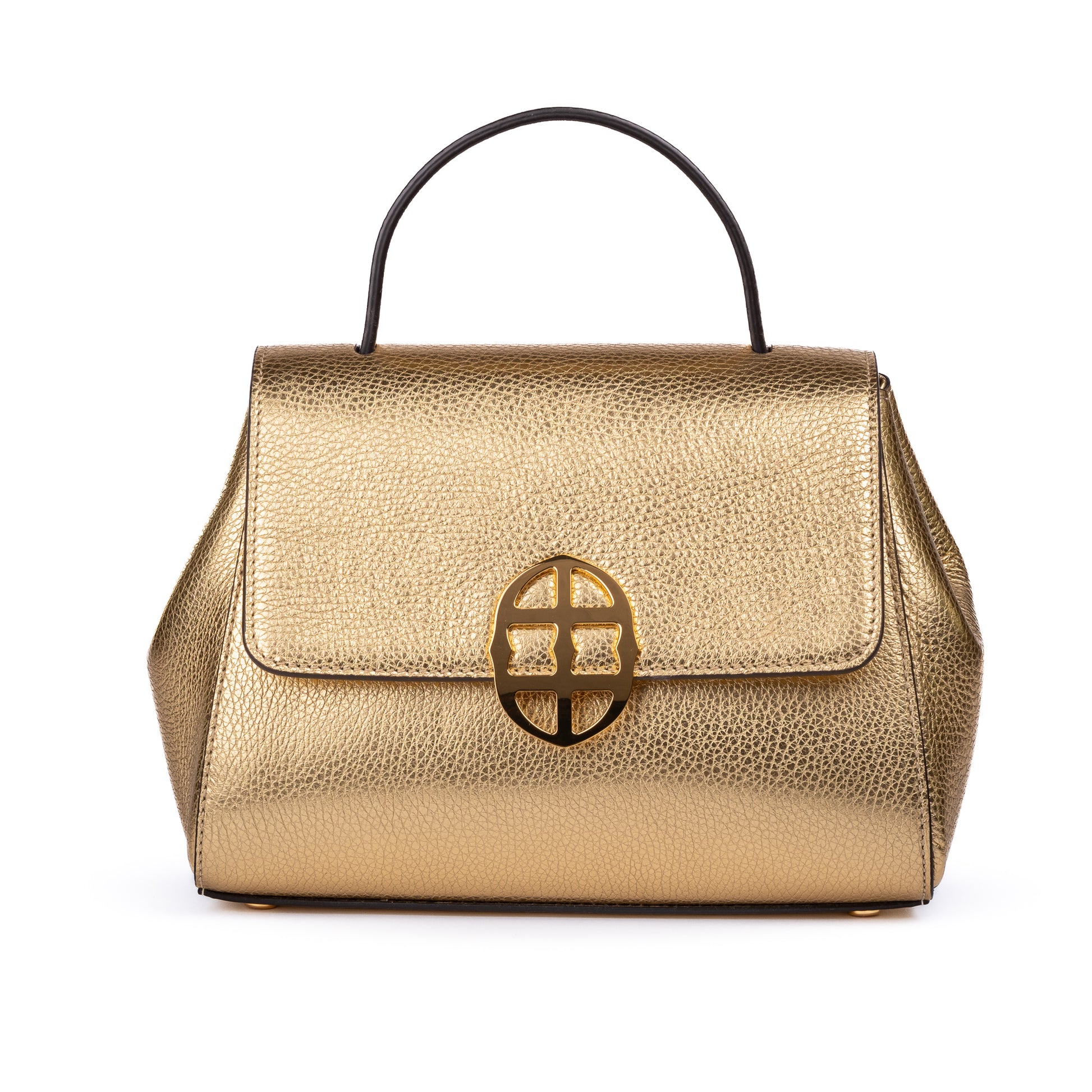Gold leather textured handbag with a decorative AMALTEA clasp/buckle on a white background. - DEI DUCHI (AMALTEA)