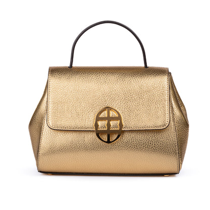 Gold leather textured handbag with a decorative AMALTEA clasp/buckle on a white background. - DEI DUCHI (AMALTEA)
