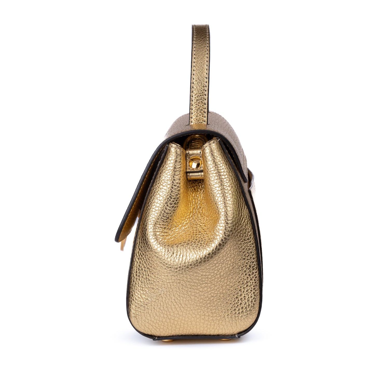 Gold leather textured handbag with a decorative AMALTEA clasp/buckle on a white background. - DEI DUCHI (AMALTEA)