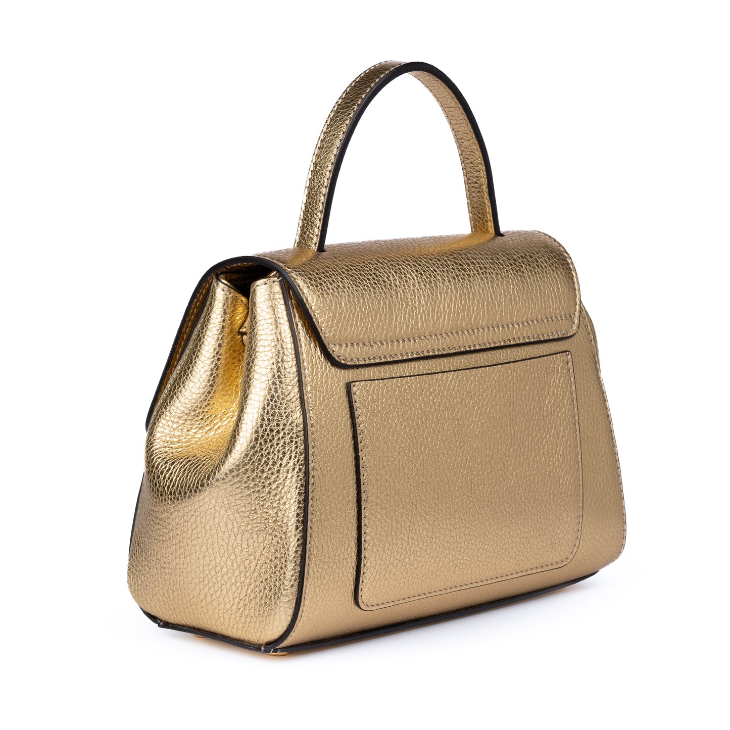 Gold leather textured handbag with a decorative AMALTEA clasp/buckle on a white background. - DEI DUCHI (AMALTEA)