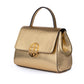Gold leather textured handbag with a decorative AMALTEA clasp/buckle on a white background. - DEI DUCHI (AMALTEA)