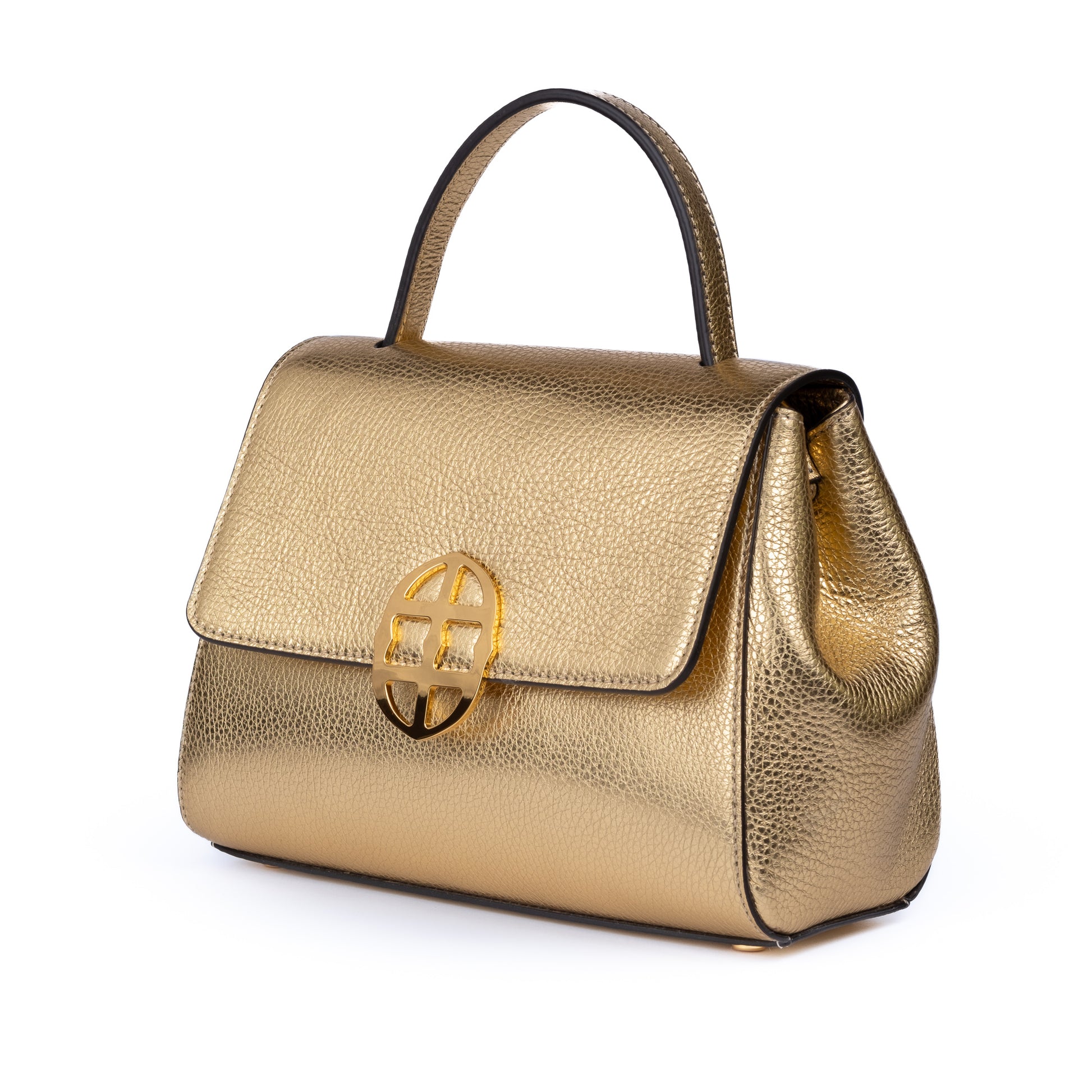 Gold leather textured handbag with a decorative AMALTEA clasp/buckle on a white background. - DEI DUCHI (AMALTEA)