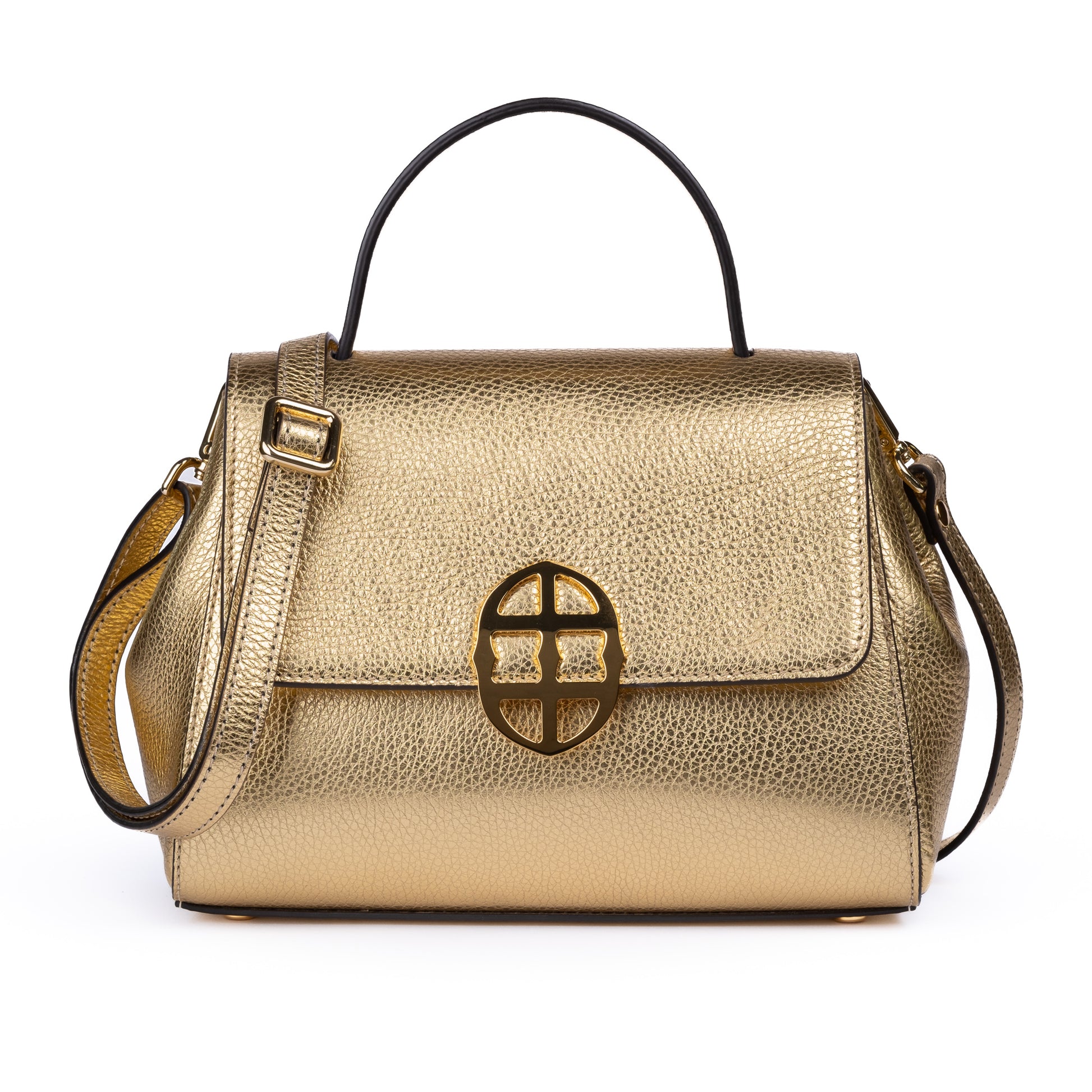 Gold leather textured handbag with a decorative AMALTEA clasp/buckle on a white background. - DEI DUCHI (AMALTEA)