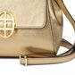 Gold leather textured handbag with a decorative AMALTEA clasp/buckle on a white background. - DEI DUCHI (AMALTEA)