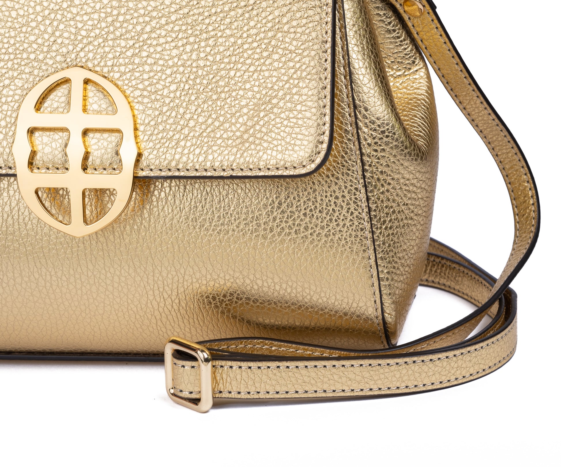 Gold leather textured handbag with a decorative AMALTEA clasp/buckle on a white background. - DEI DUCHI (AMALTEA)