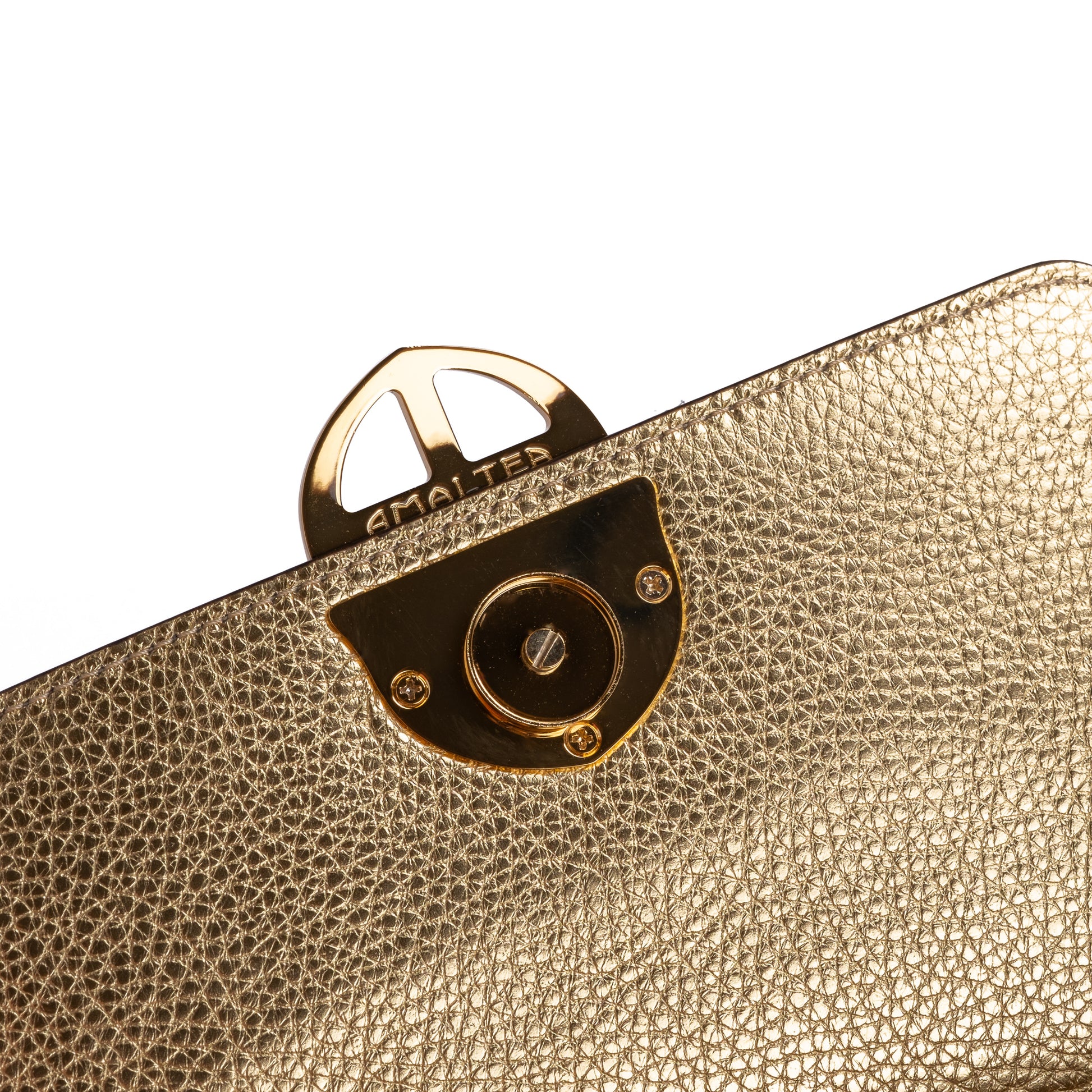 Gold textured leather handbag stitched with a square brand tag label of AMALTEA for DEI DUCHI, on a white background. - DEI DUCHI (AMALTEA)