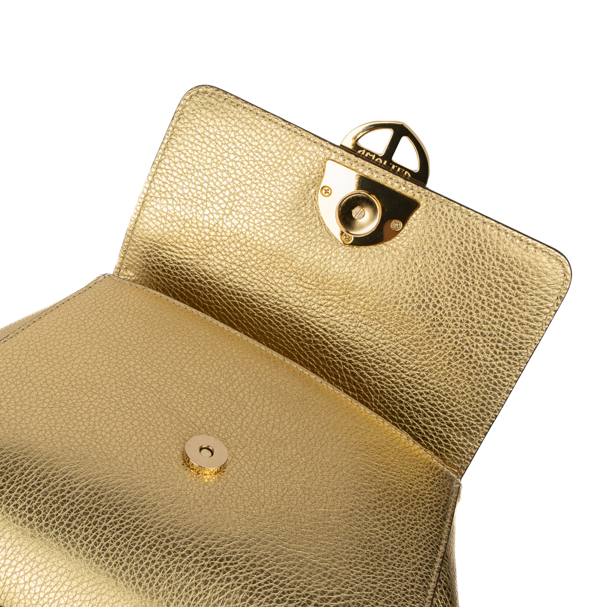 Gold leather textured handbag with a decorative AMALTEA clasp/buckle on a white background. - DEI DUCHI (AMALTEA)