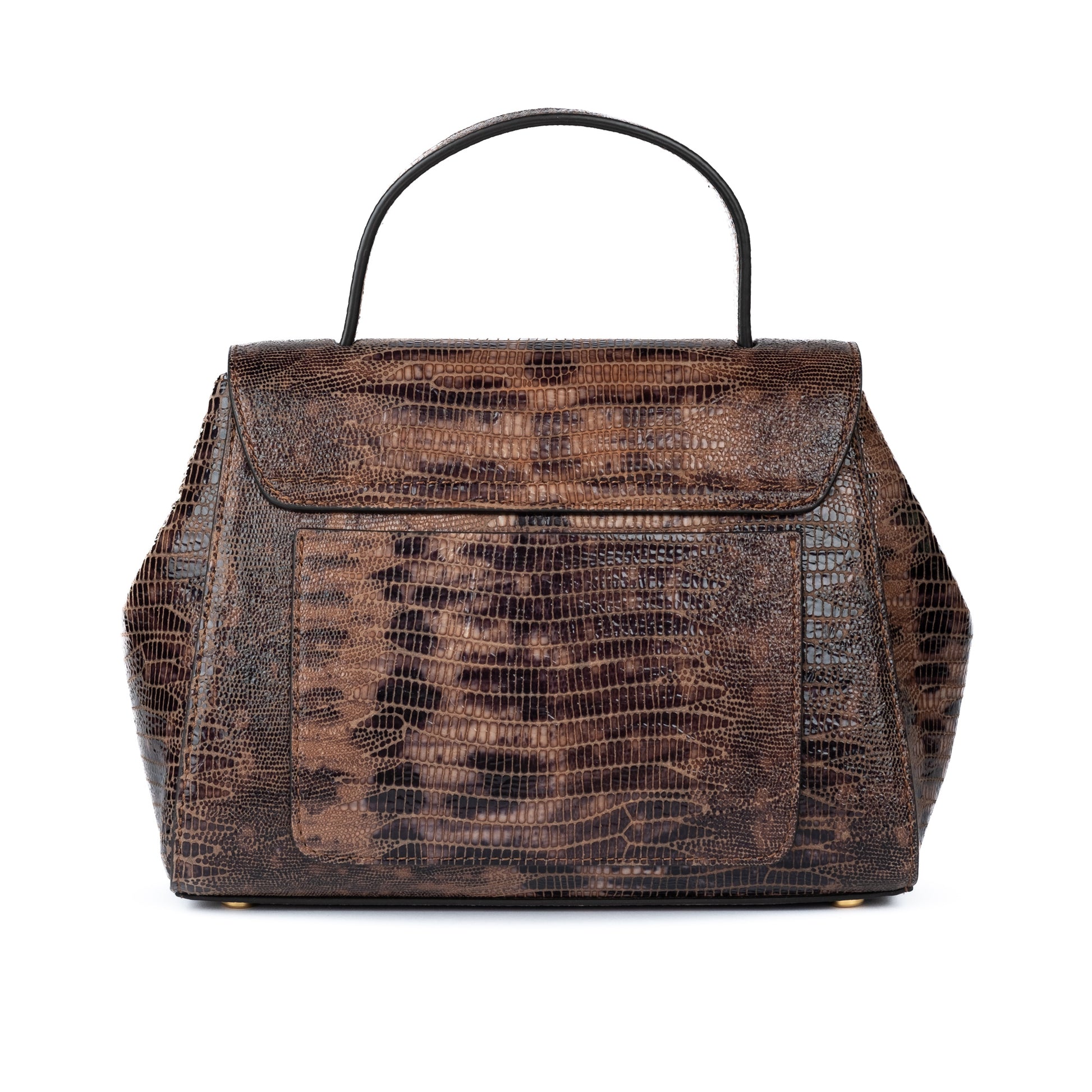 Brown leather textured handbag with a gold clasp on a white background. DEI DUCHI (AMALTEA)