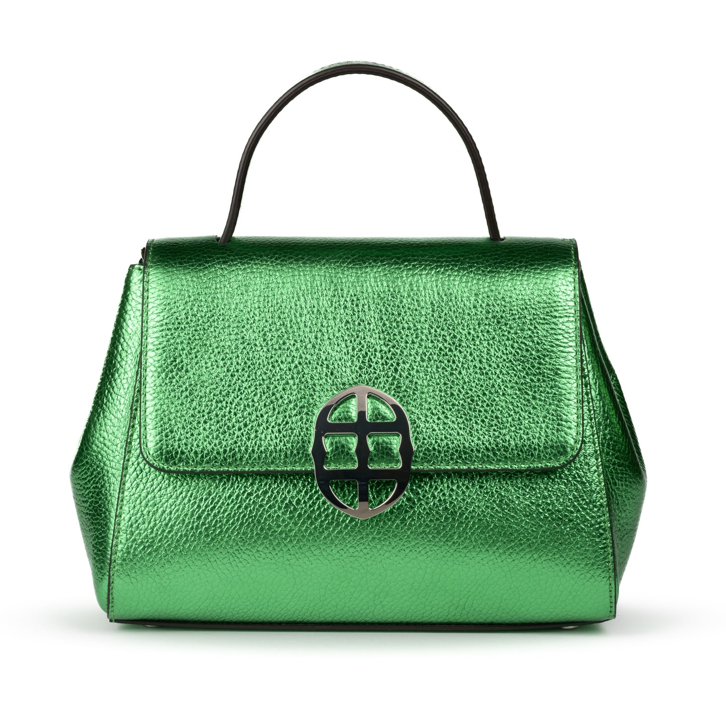 Metallic Green leather handbag with a silver buckle on a white background. - - DEI DUCHI ( AMALTEA)