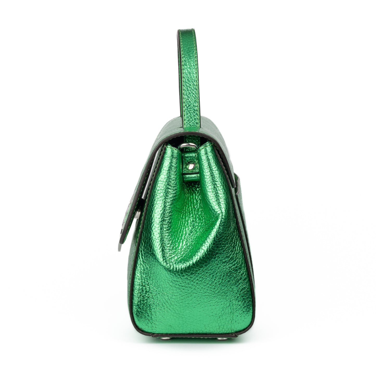 Metallic Green leather handbag with a silver buckle on a white background. - - DEI DUCHI ( AMALTEA)