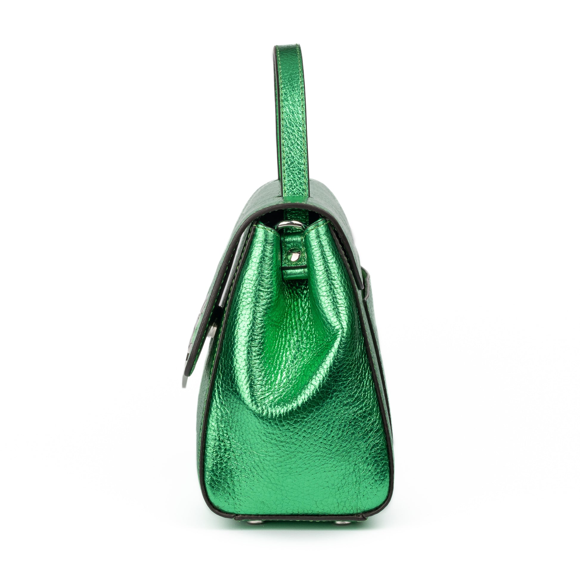 Metallic Green leather handbag with a silver buckle on a white background. - - DEI DUCHI ( AMALTEA)