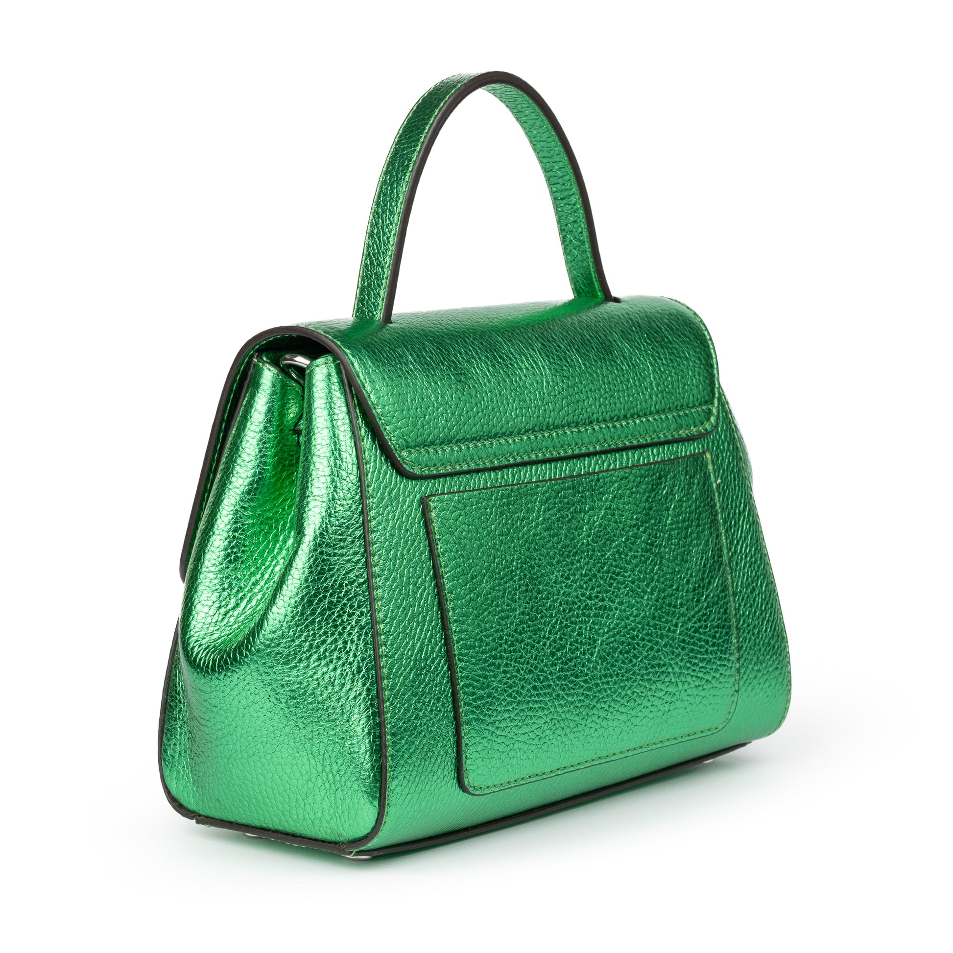 Metallic Green leather handbag with a silver buckle on a white background. - - DEI DUCHI ( AMALTEA)
