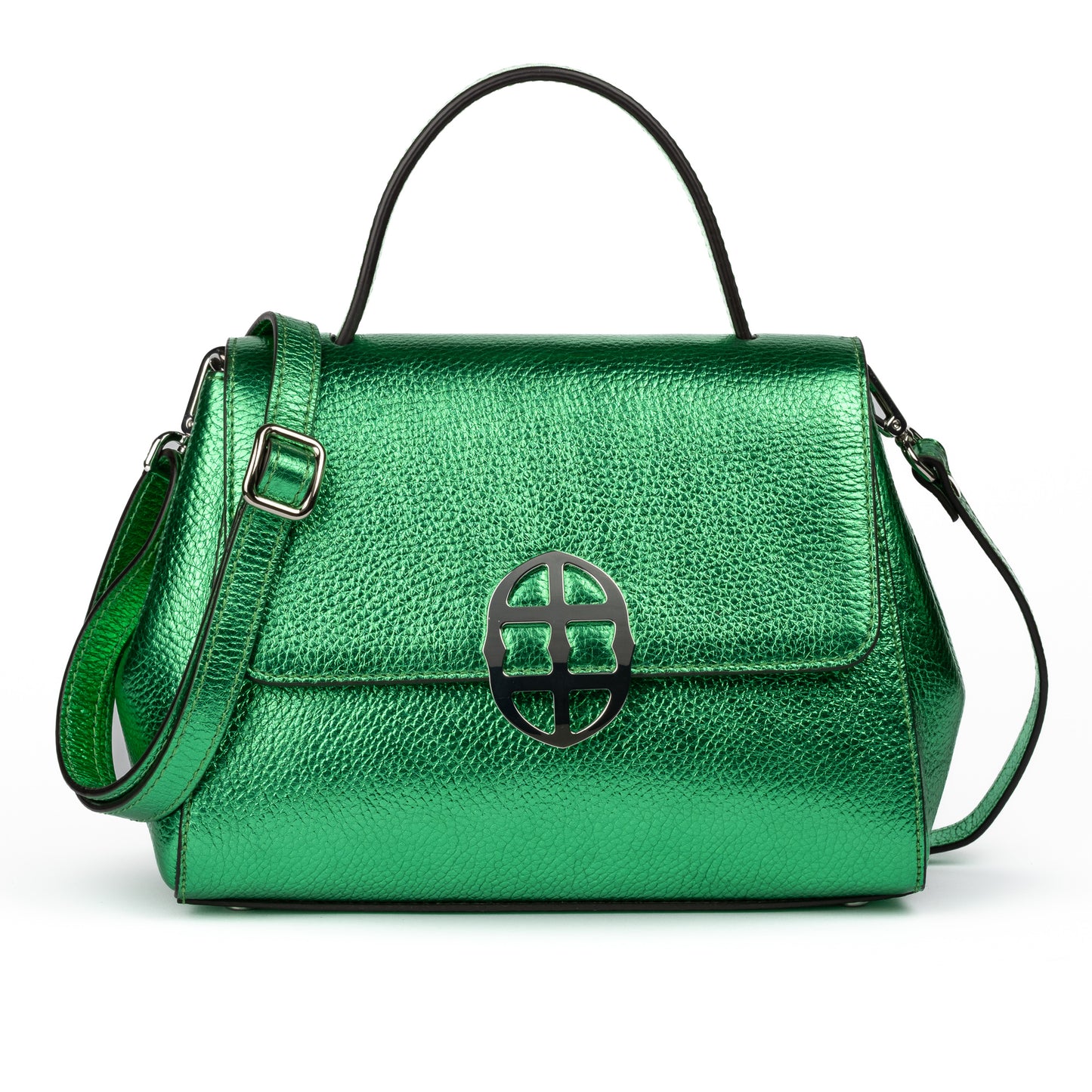 Metallic Green leather handbag with a silver buckle on a white background. - - DEI DUCHI ( AMALTEA)