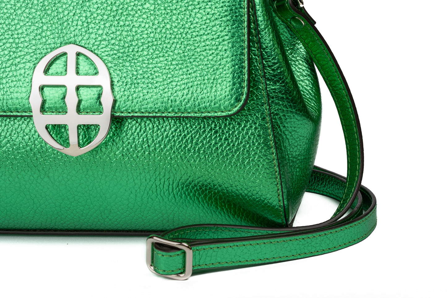 Metallic Green leather handbag with a silver buckle on a white background. - - DEI DUCHI ( AMALTEA)