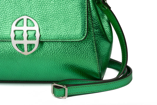 Metallic Green leather handbag with a silver buckle on a white background. - - DEI DUCHI ( AMALTEA)