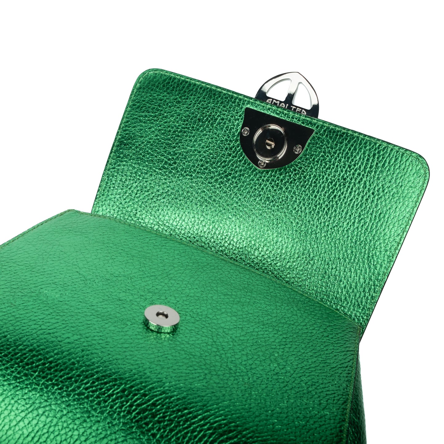 Metallic Green leather handbag with a silver buckle on a white background. - - DEI DUCHI ( AMALTEA)