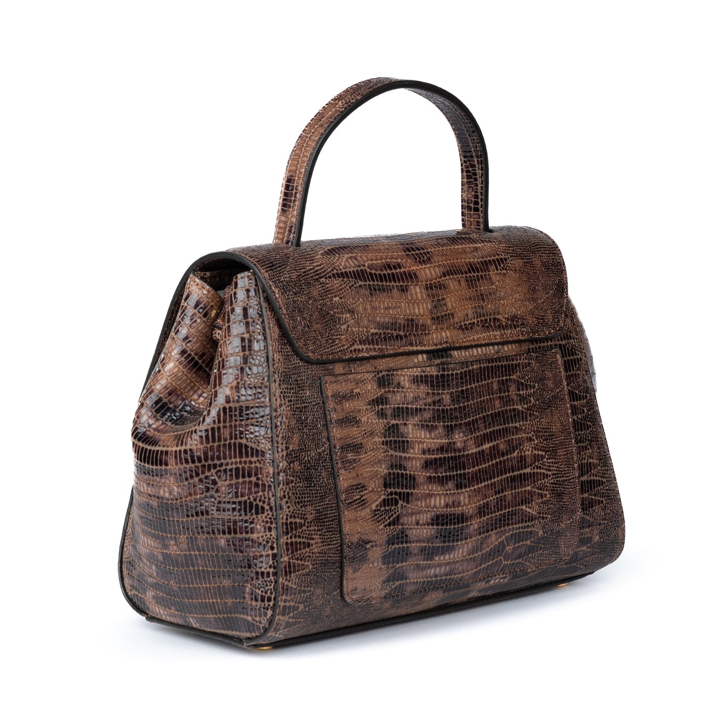 Brown leather textured handbag with a gold clasp on a white background. DEI DUCHI (AMALTEA)