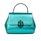 Metallic Turquoise Teal leather handbag with a burnished metal clasp buckle on a white background. - DEI DUCHI (AMALTEA)