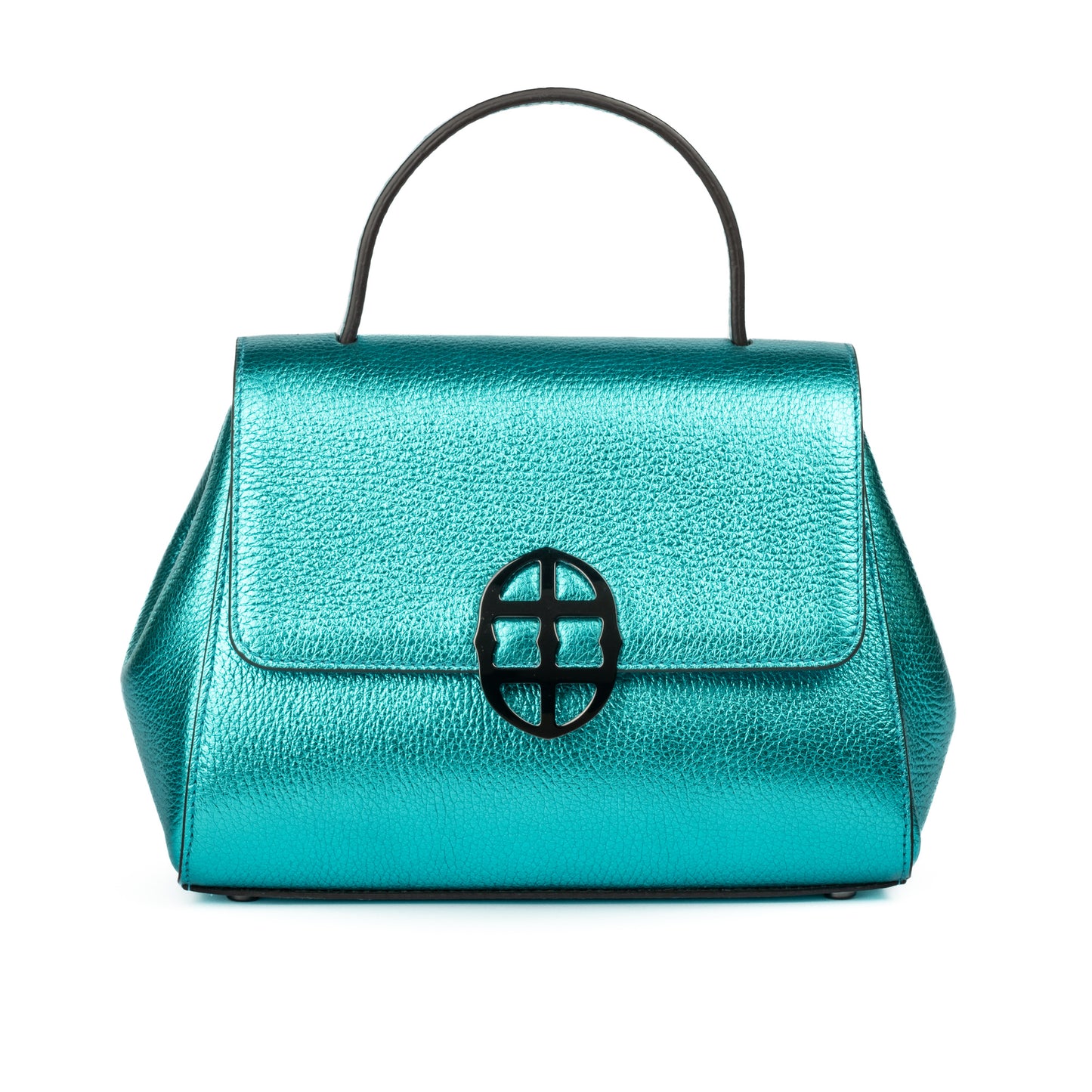 Metallic Turquoise Teal leather handbag with a burnished metal clasp buckle on a white background. - DEI DUCHI (AMALTEA)