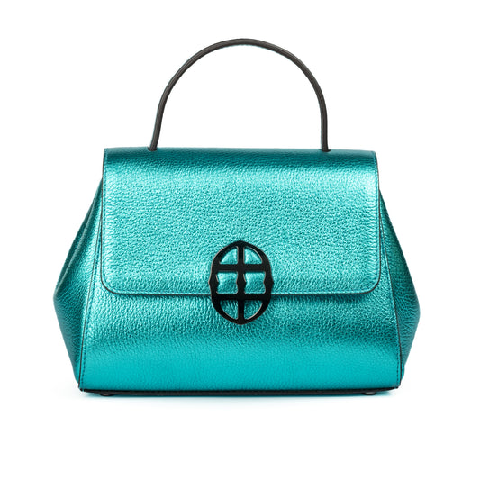 Metallic Turquoise Teal leather handbag with a burnished metal clasp buckle on a white background. - DEI DUCHI (AMALTEA)