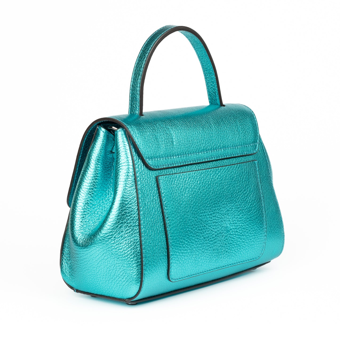 Metallic Turquoise Teal leather handbag with a burnished metal clasp buckle on a white background. - DEI DUCHI (AMALTEA)