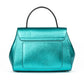 Metallic Turquoise Teal leather handbag with a burnished metal clasp buckle on a white background. - DEI DUCHI (AMALTEA)