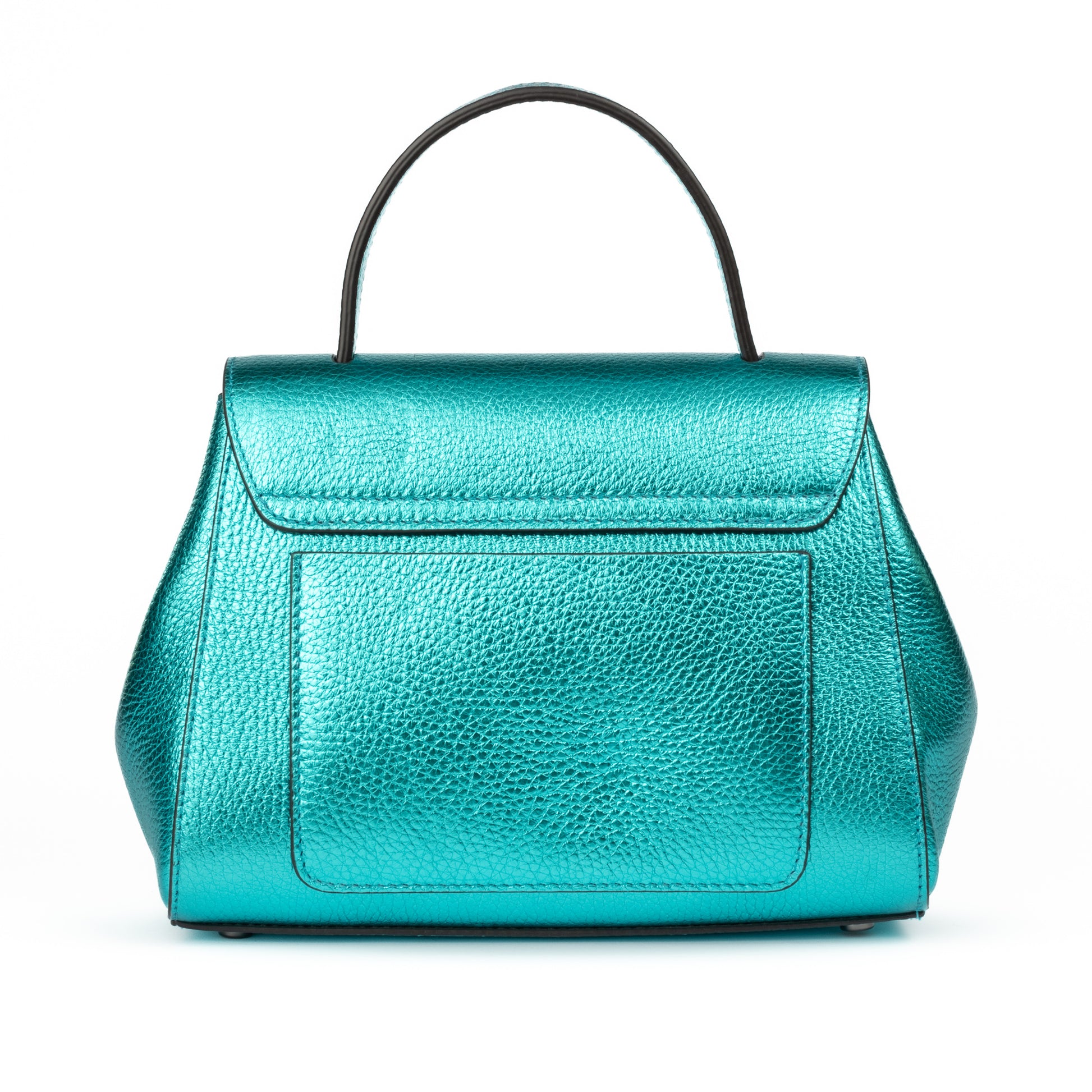 Metallic Turquoise Teal leather handbag with a burnished metal clasp buckle on a white background. - DEI DUCHI (AMALTEA)