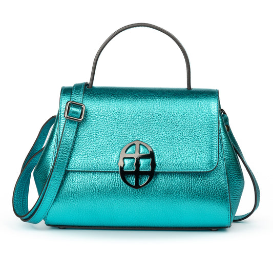 Metallic Turquoise Teal leather handbag with a burnished metal clasp buckle on a white background. - DEI DUCHI (AMALTEA)