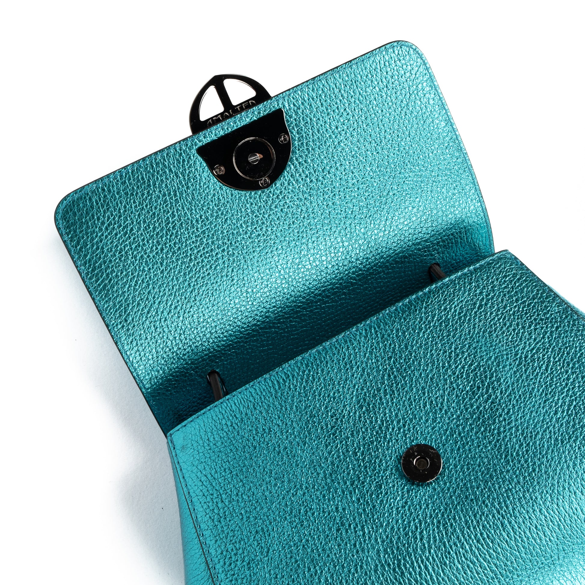 Metallic Turquoise Teal leather handbag with a silver clasp buckle on a white background. - DEI DUCHI (AMALTEA)