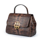Brown leather textured handbag with a gold clasp on a white background. DEI DUCHI (AMALTEA)