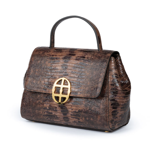 Brown leather textured handbag with a gold clasp on a white background. DEI DUCHI (AMALTEA)