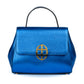 Blue textured leather handbag with a gold Amaltea emblem clasp buckle, with leather handle & strap, on a white background. - DEI DUCHI (AMALTEA)