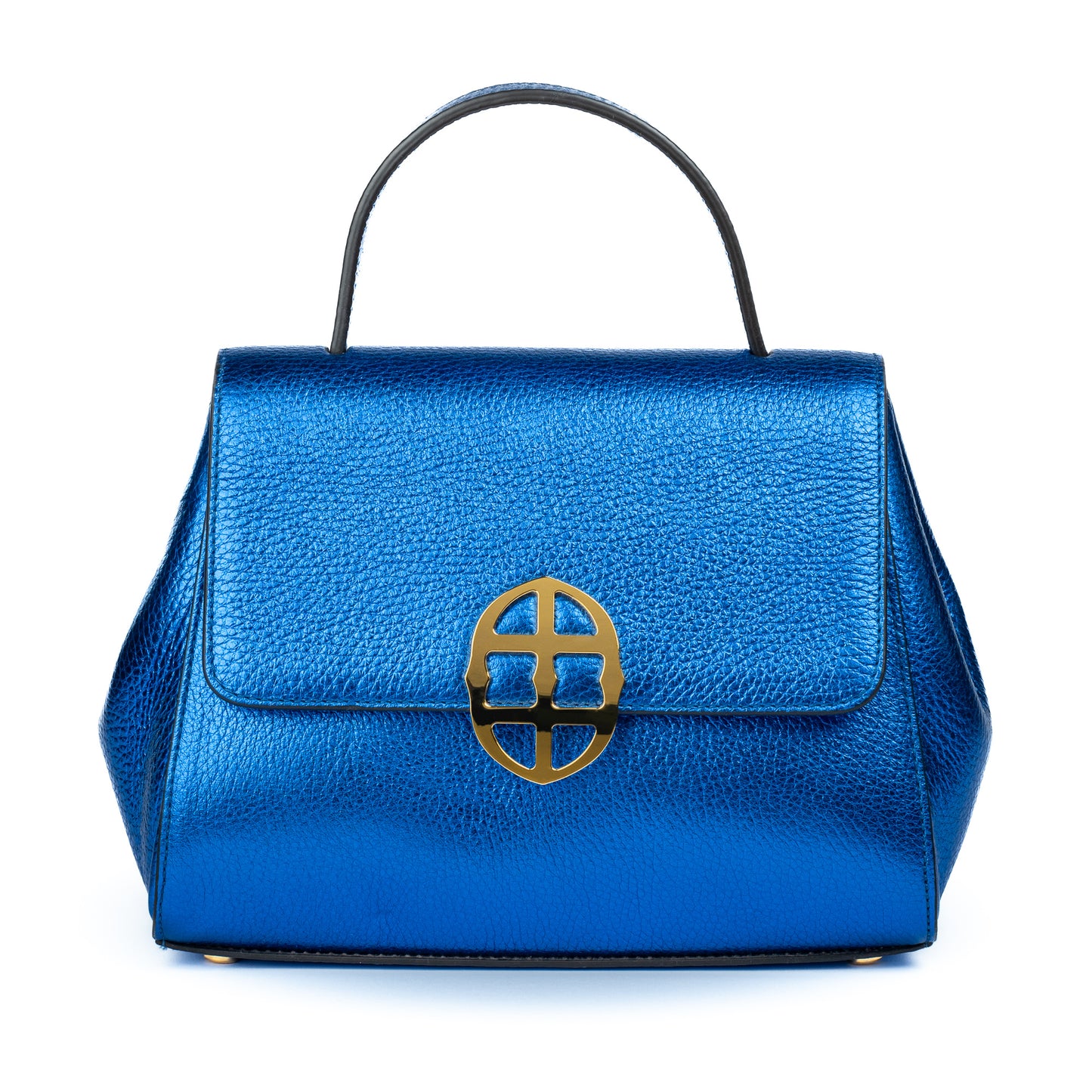 Blue textured leather handbag with a gold Amaltea emblem clasp buckle, with leather handle & strap, on a white background. - DEI DUCHI (AMALTEA)