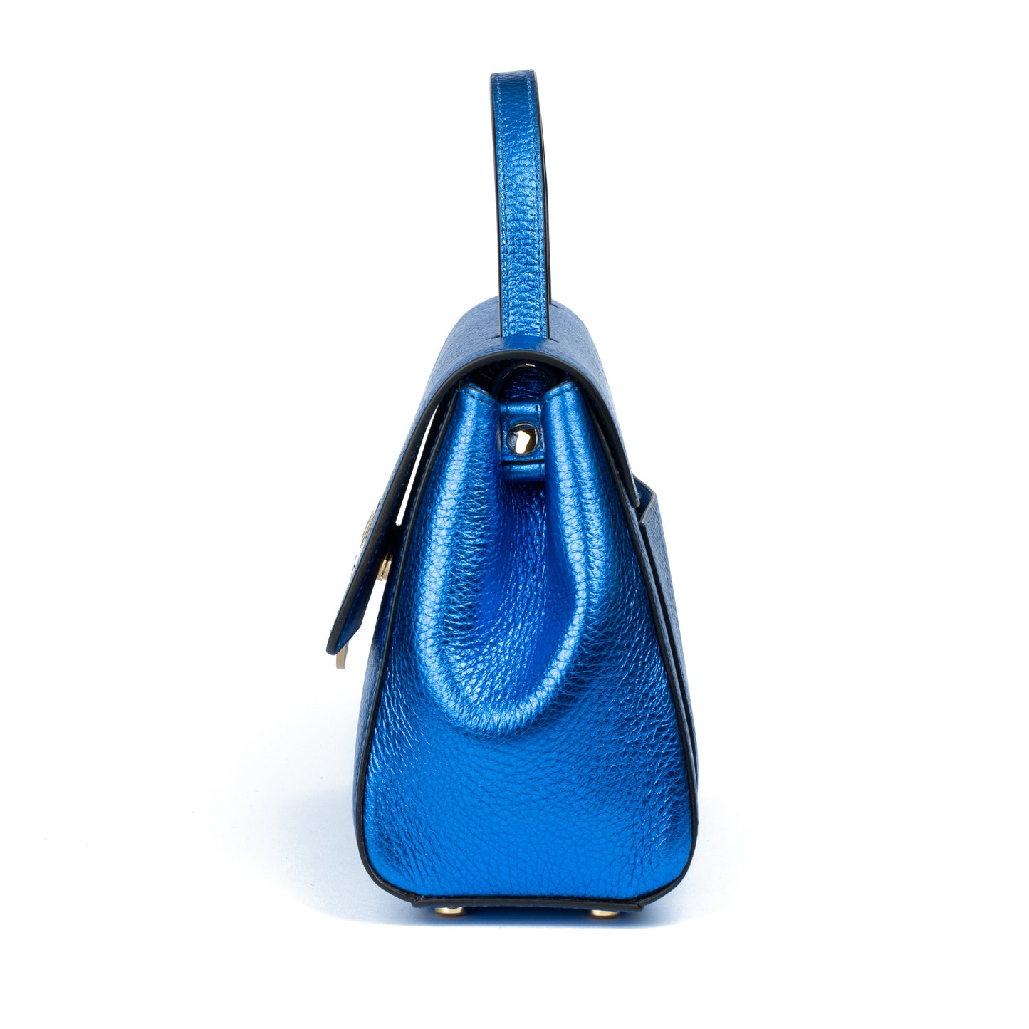 Blue textured leather handbag with a gold Amaltea emblem clasp buckle, with leather handle & strap, on a white background. - DEI DUCHI (AMALTEA)