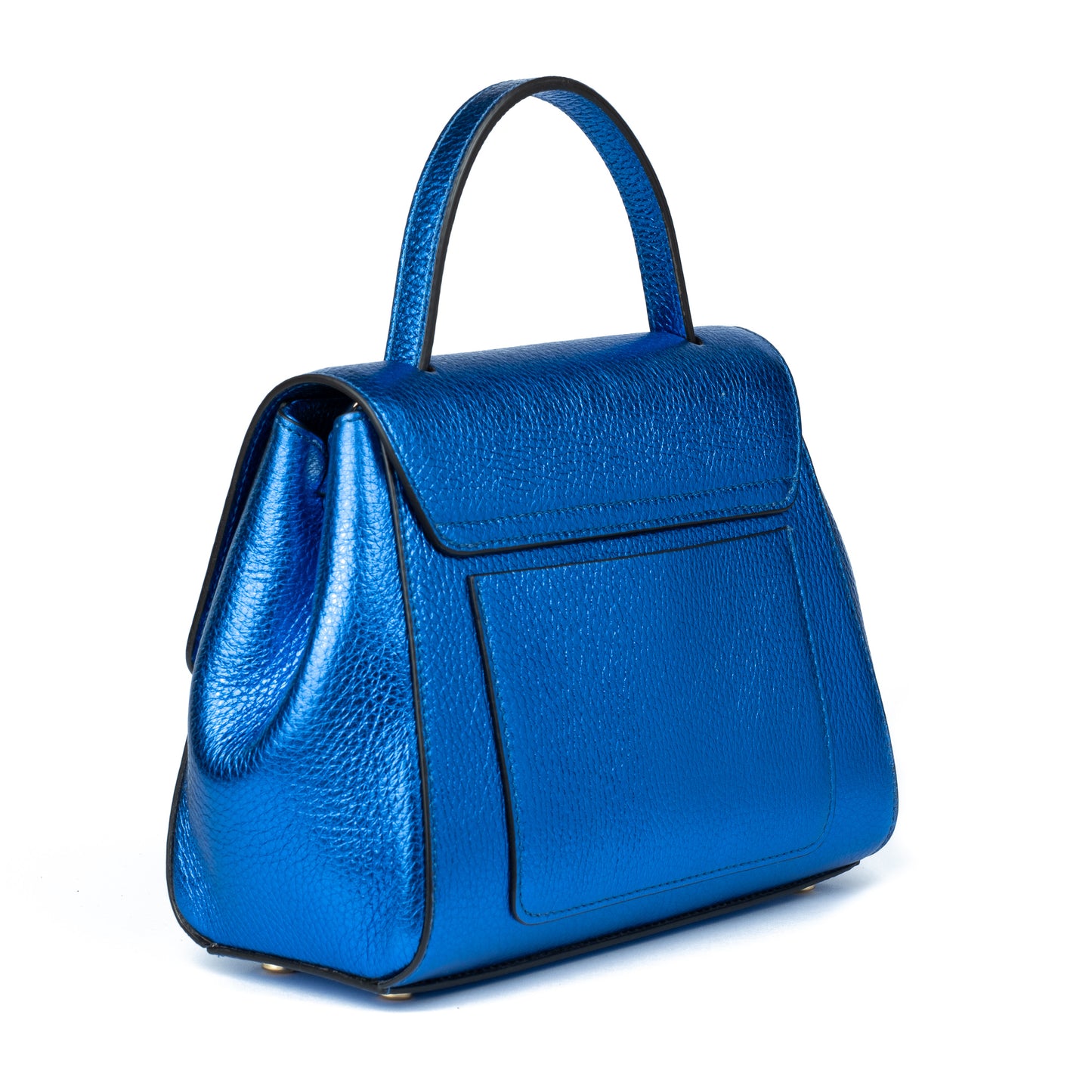 Blue textured leather handbag with a gold Amaltea emblem clasp buckle, with leather handle & strap, on a white background. - DEI DUCHI (AMALTEA)