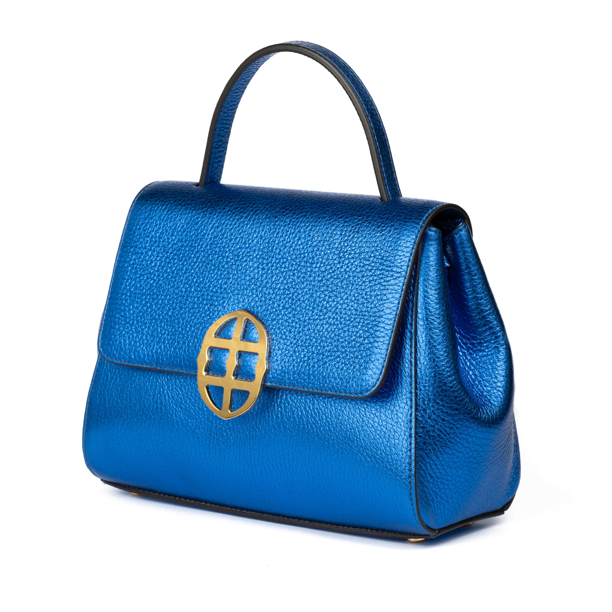 Blue textured leather handbag with a gold Amaltea emblem clasp buckle, with leather handle & strap, on a white background. - DEI DUCHI (AMALTEA)