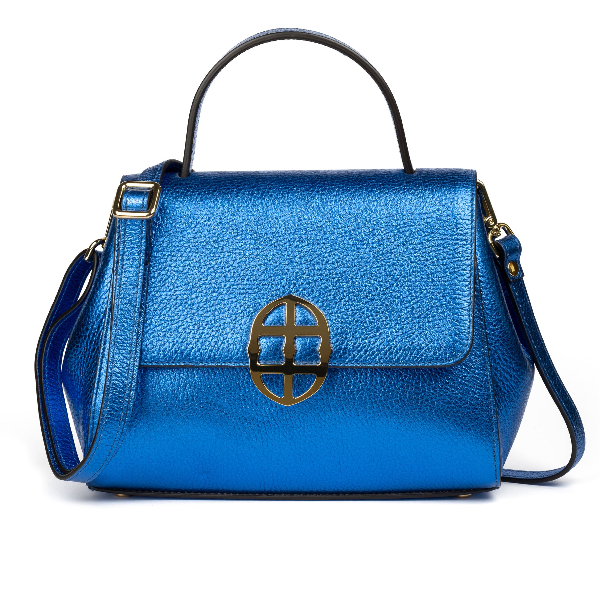 Blue textured leather handbag with a gold Amaltea emblem clasp buckle, with leather handle & strap, on a white background. - DEI DUCHI (AMALTEA)